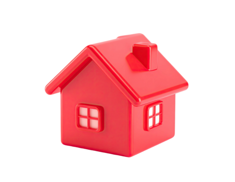 A glossy red 3D house illustration with white-framed windows and a chimney - Powered by Adobe