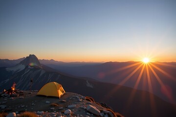 Sunrise Campfire Near Mountain Range