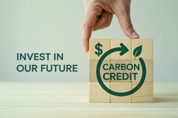 Hand holding a wooden block with carbon credit symbol and text invest in our future