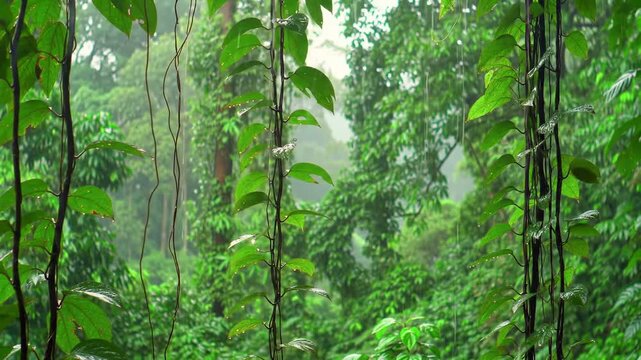 Rainforest foliage during rain shower lush greenery natural background