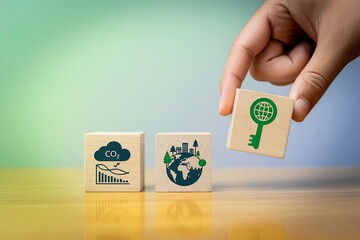 Hand places a key symbol block connecting cloud and earth concepts for digital transformation and growth
