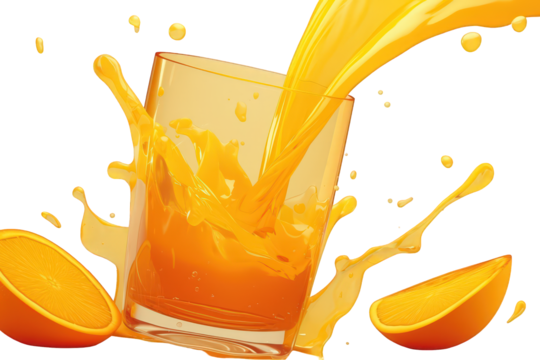 Orange Juice Pouring into Glass with Splash on Transparent Background