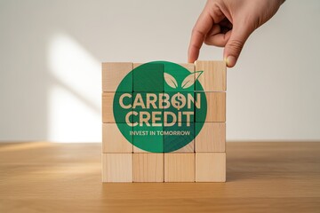 Hand places block with carbon credit logo on wooden surface concept