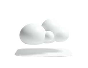 Floating 3D white cloud cluster and shadow on a white stylized base against black