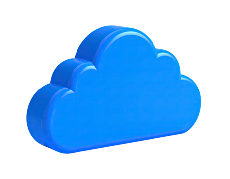 A bright blue 3D cloud icon, rendered with soft shadows, isolated on black