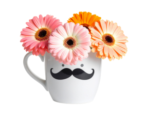 High-quality isolated image of a Father’s Day coffee mug styled with gerbera daisies