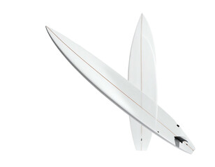 Two white, minimalist surfboards, one angled over the other, against black