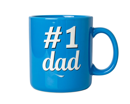 _Cutout image of a vibrant blue ceramic coffee cup with “#1 Dad” printed in stylish le