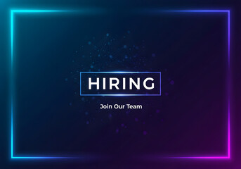 Hiring announcement with neon frame and dark background.