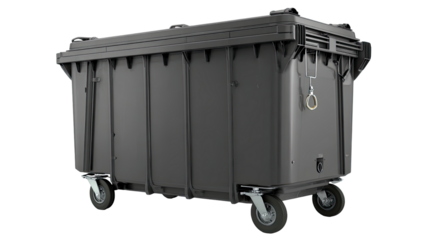 Black plastic garbage bin filled with mixed trash waste for disposal and recycling isolated on white background for cleanliness concept