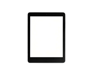 A rectangular, dark-edged tablet with a bright, blank screen. Against black