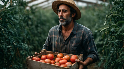 man farmer stacking crates of fresh tomatoes. Harvest works on vegetable field.