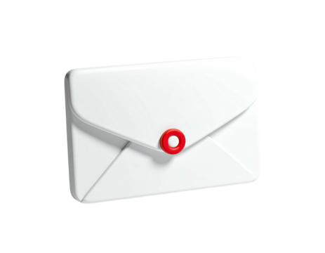 A 3D render of a white envelope secured with a bright red circular clasp