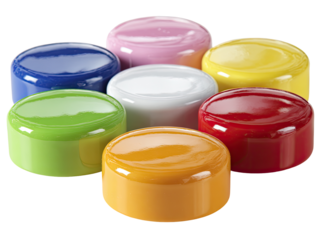 Colorful, round, glossy lids arranged in a starburst pattern