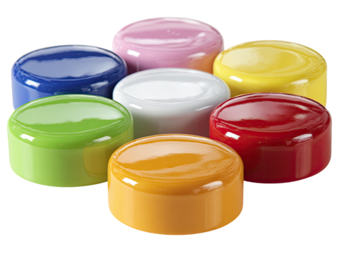 Colorful, round, glossy lids arranged in a starburst pattern