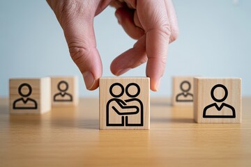Hand places wooden block with hugging people symbol amidst single figures symbolizing connection