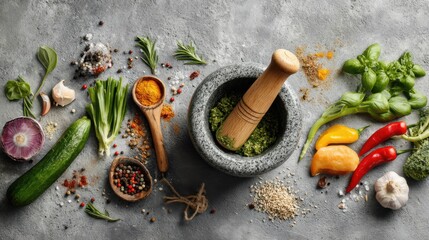 An assortment of vibrant vegetables, spices, and fresh herbs are artfully arranged around a stone mortar and pestle, ideal for preparing flavorful meals in a kitchen.