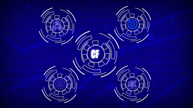 Futuristic digital interface with CF initials in center and four circular icons on blue grid background Performance and Management Icons - Acme Series, Businesswoman points 4k video .
