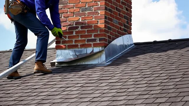 Professional Roofer Securing Metal Flashing to Brick Chimney on Residential Shingle Roof for Enhanced Waterproofing and Structural Protection