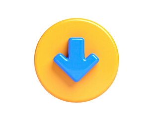 3D render of a blue downward arrow inside a yellow circle, isolated