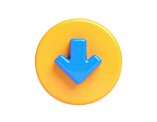 3D render of a blue downward arrow inside a yellow circle, isolated