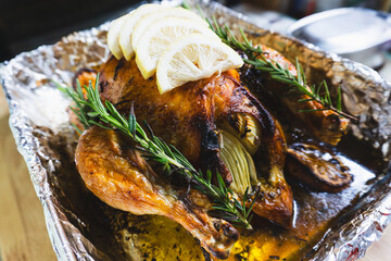 This restaurant's cuisine features grilled chicken vegetables with lemon