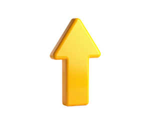 A glossy, three-dimensional yellow arrow pointing upwards against a black background