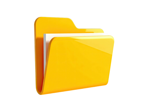 Glossy 3D yellow folder icon with papers inside, set against a black backdrop