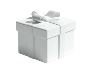 A pristine, white gift box with a matching ribbon and bow, isolated on black