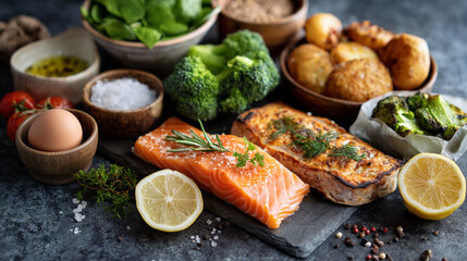 Close up shot of salmon fillets with vegetables and other food ingredients