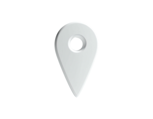 A glossy, white location marker with a small hole on a black background