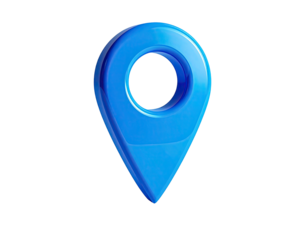 Glossy, vibrant blue map pointer, icon indicating location on a dark background