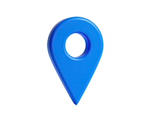 Shiny, blue, 3D location marker pin floating against a stark, black background