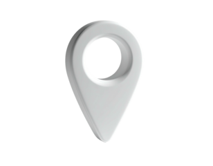 3D-rendered, glossy, white location pin icon with a dark background
