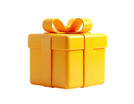 Bright yellow, 3D-rendered gift box with bow on a transparent background