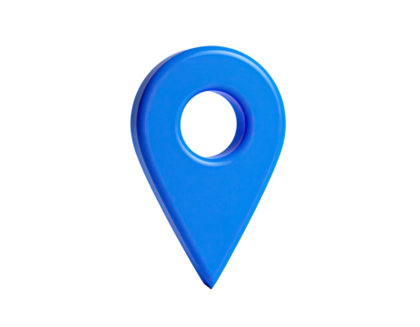 Shiny, blue, 3D location marker pin floating against a stark, black background