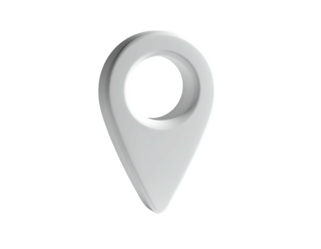 3D-rendered, glossy, white location pin icon with a dark background