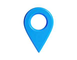 Glossy blue location marker with a hollow circle, isolated on a black background
