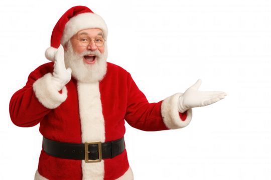 Santa claus listening and presenting, hearing a wish, offering a new season advertising space - Powered by Adobe