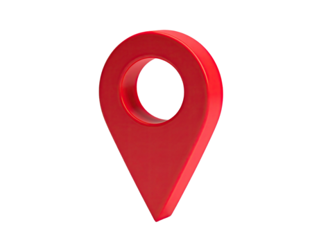 A 3D red location pin with a round hole, isolated on a black background