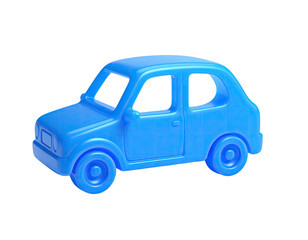 A bright blue plastic toy car with open windows and four wheels, isolated on black