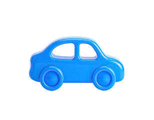 Blue toy car with rounded shape and big tires, isolated on a black background