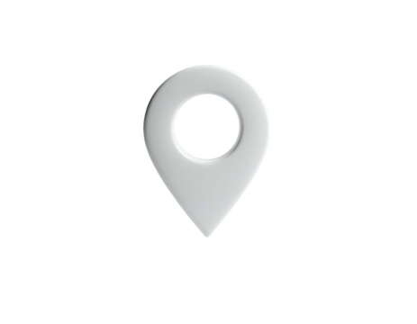 A glossy, 3D white location marker icon isolated on a stark black background