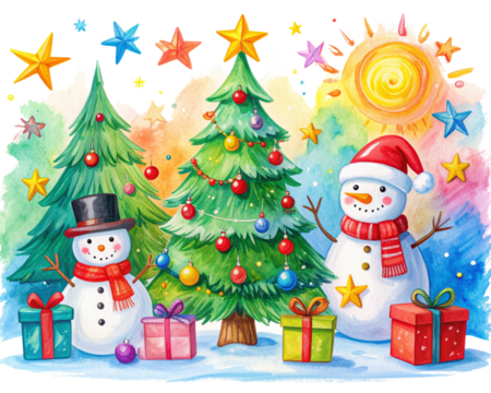 A whimsical Christmas painting created in a children’s art style, featuring bright cr 