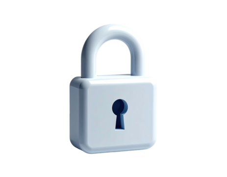 A 3D-rendered white padlock with a keyhole, isolated on a black background