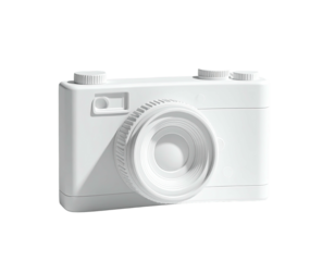 A pristine, white camera model with realistic detail against a stark black backdrop