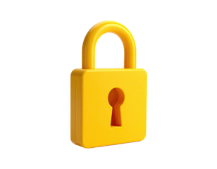 A bright yellow, 3D rendered padlock against a stark black background