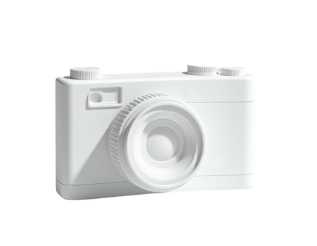 A pristine, white camera model with realistic detail against a stark black backdrop