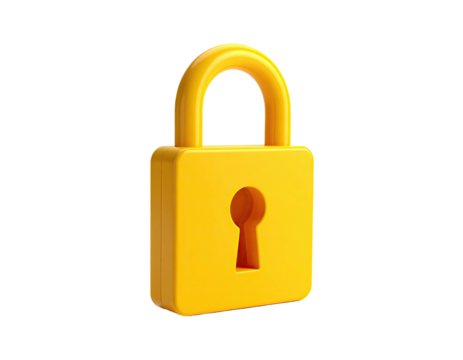 A bright yellow, 3D rendered padlock against a stark black background