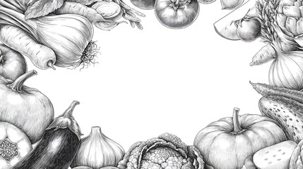 A detailed grayscale drawing of various vegetables arranged in a frame